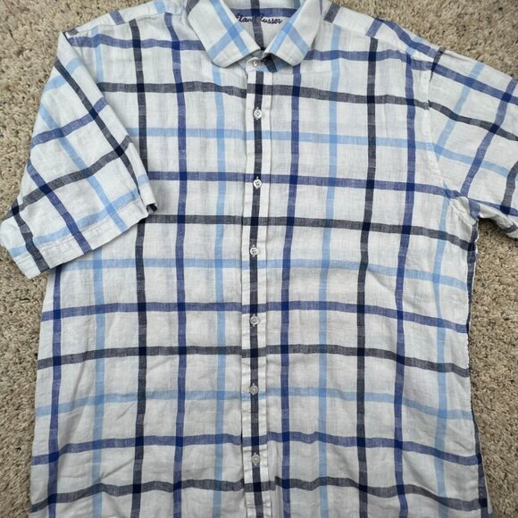 Alan Flusser Linen Blend Shirt Men Large Short Sleeve Button Up White Blue Check - Picture 2 of 6
